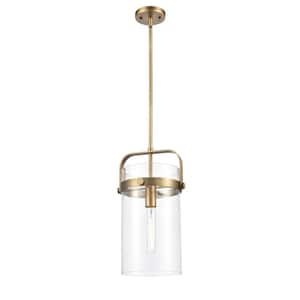 Pilaster 100-Watt 1 Light Brushed Brass Shaded Pendant Light with Clear glass Clear Glass Shade