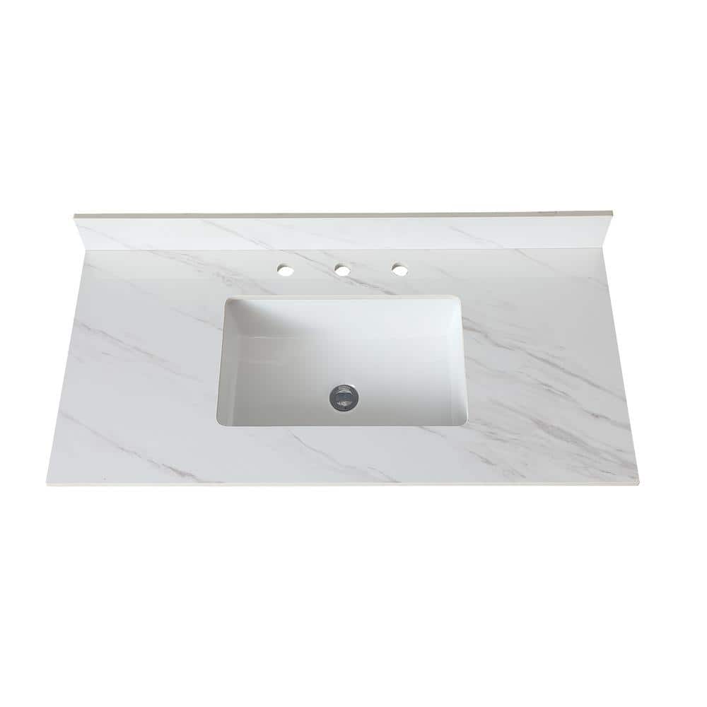 43 in. Undermount Marble Rectangular Bathroom Sink in White with 4 in Heigh