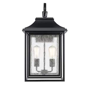 Bosque 23.5 in. 2-Light Black Outdoor Hardwired Wall Lantern Sconce with No Bulbs Included and Clear Seeded Glass