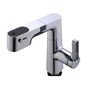 Single Handle Single Hole Bathroom Faucet with Pull-out Spray, Adjustable Height, Temperature Display Function in Chrome