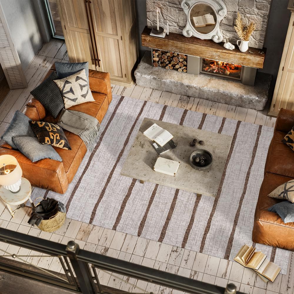 Beige and Brown Synthetic Rectangular Indoor/Outdoor Area Rug