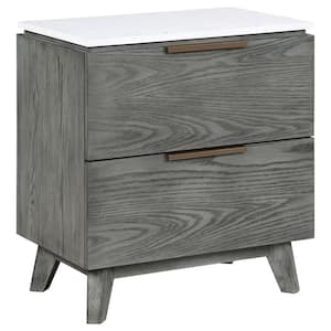 Nathan 2-Drawer Nightstand with USB Port White Marble and Grey