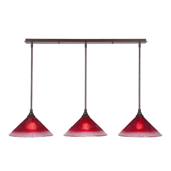 Unbranded Livingston 100-Watt 3 Light Bronze, Linear Pendant Light with 12 in. Raspberry Crystal Glass Shades No Bulbs Included