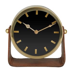 7 in. x 7 in. Gold Stainless Steel Analog Clock with Leather Stand