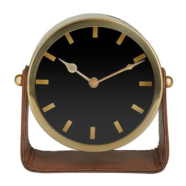 Litton Lane 7 in. x 7 in. Gold Stainless Steel Analog Clock with Leather Stand