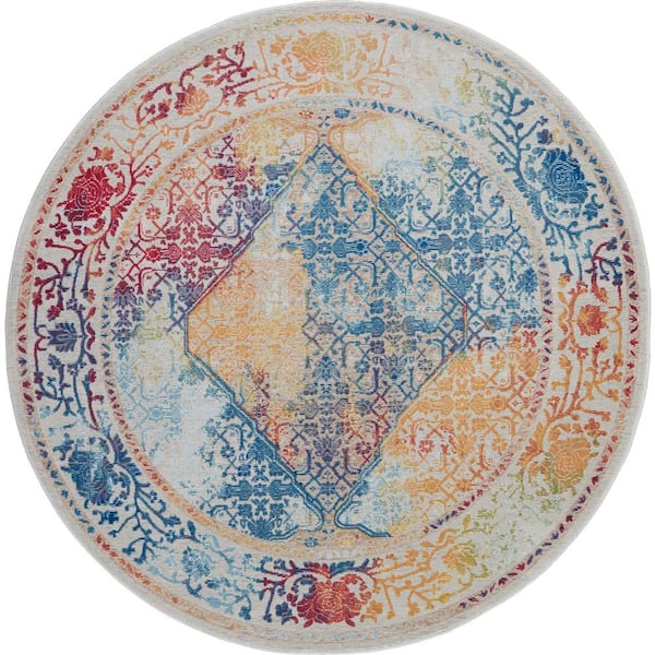 Global Vintage Ivory/Multicolor 6 ft. x 6 ft. Oriental Vintage Round Area Rug