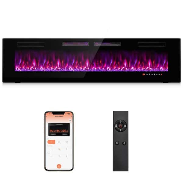 72 Inch Ultra-Thin Electric Fireplace with Decorative Crystals-72 inches in Black