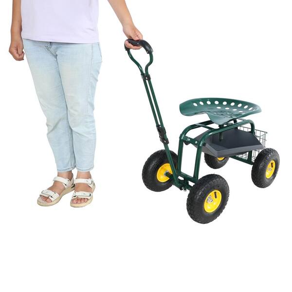 17.7 in. Green Iron Garden Cart Rolling Scooter with Tool Tray