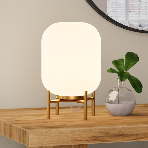 Henderson 27 in. Brass Arc Table Lamp with White Milk Glass Shade