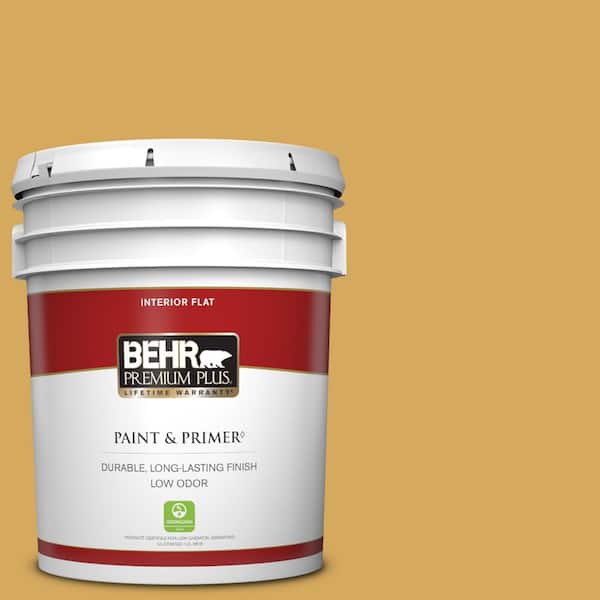 BEHR PREMIUM PLUS 5 gal. #340D-5 Galley Gold Flat Low Odor Interior Paint & Primer