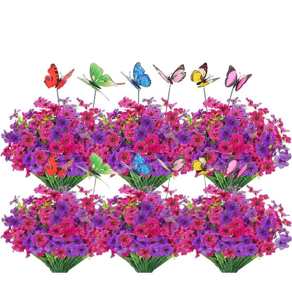 Afoxsos 2 in. Fuchsia Rose Red Indoor/Outdoor Artificial Mixed Flower UV Resistant with 6 Decorative Butterflies