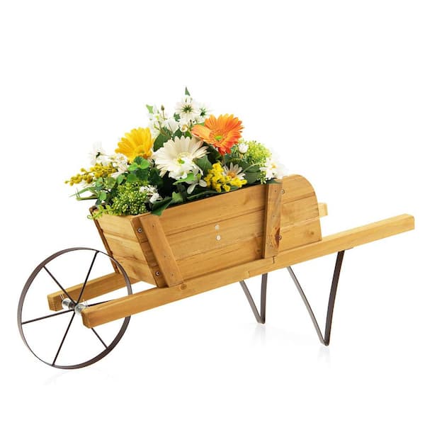 ANGELES HOME 27.5 in. x 10.5 in. x 11.5 in. Wooden Wagon Planter with 9 Magnetic Accessories for Garden Yard, Walnut