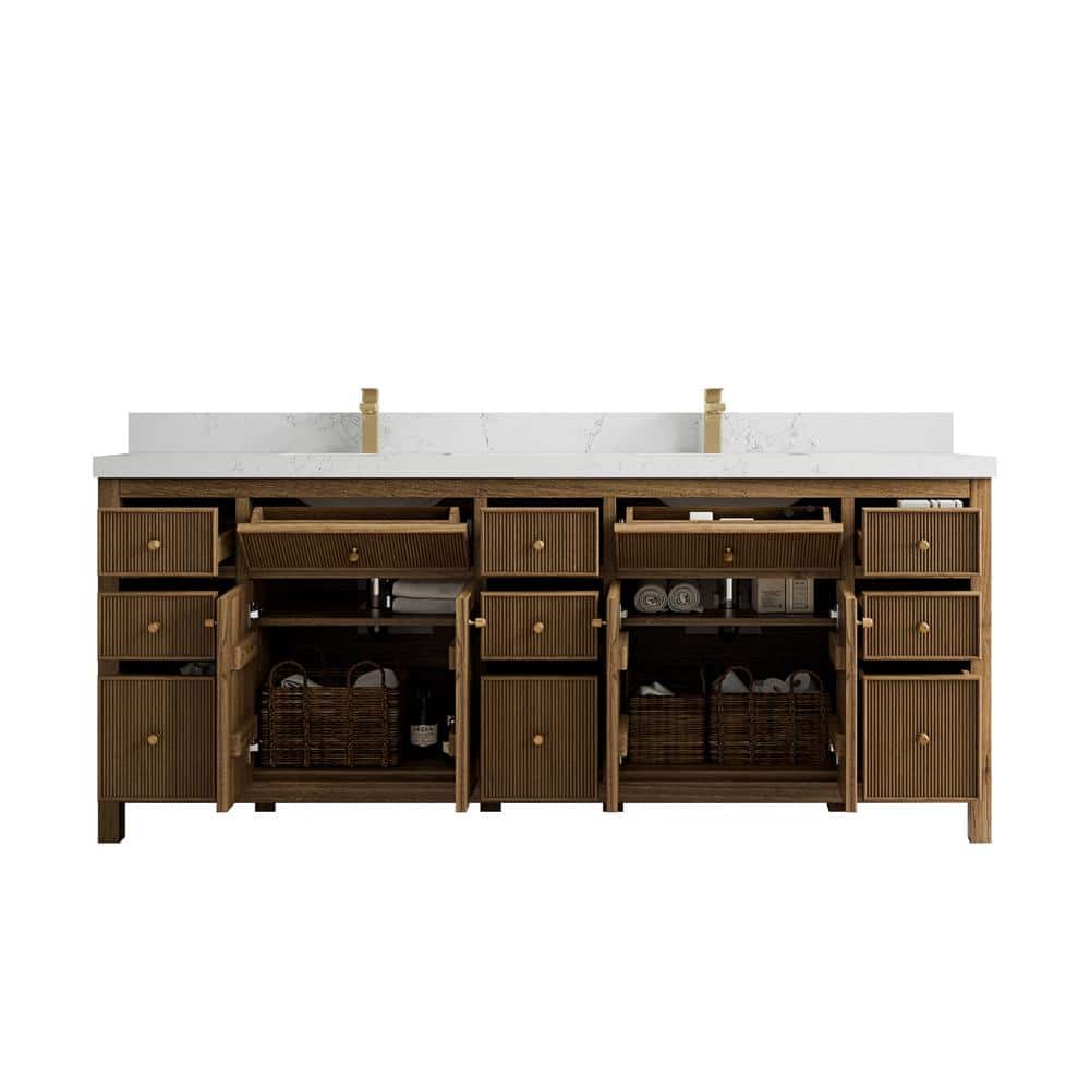 84'' Dark Natural Teak Double Sink Bathroom Vanity with Quartz Top