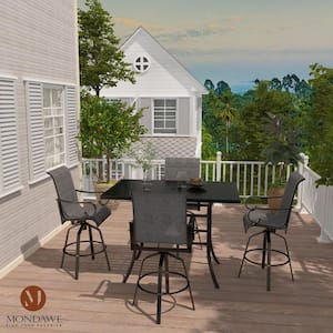 5-Piece Aluminum Bar Height Outdoor Dining Set 360° Rotation Chair and Square Table with Cushion and Umbrella Hole