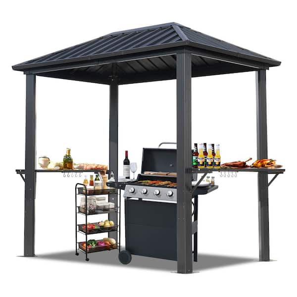 5 ft. x 8 ft. Grey BBQ Grill Gazebo with Metal Hardtop Roof, Outdoor Barbecue Gazebo Aluminum Frame for Patio Backyard