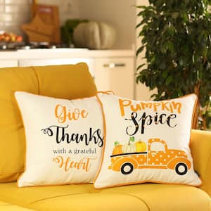 Fall Decorative Throw Pillow Pumpkin Truck & Quote 18 in. x 18 in. White & Orange Square Thanksgiving for Couch Set of 2