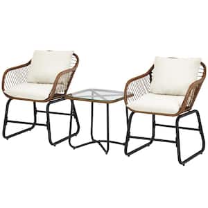3-Piece Metal Outdoor Bistro Set with 2 Armchairs and Tempered Glass Table and White Cushions