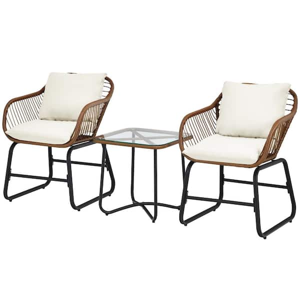 HONEY JOY 3-Piece Metal Outdoor Bistro Set with 2 Armchairs and Tempered Glass Table and White Cushions