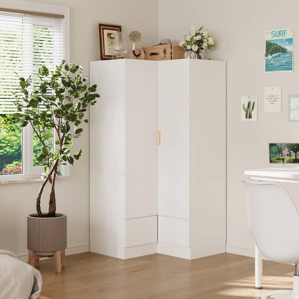 FUFU&GAGA White Wooden 35.4 in. W x 19.8 in. D x 70.9 in. H Bedroom Corner Armoire, Wardrobe with 2-Press Drawers and 2-Hold Bar