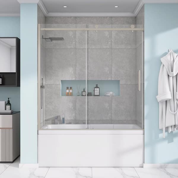 59 in. W x 60 in. H Glass Single Sliding Frameless Bath Tub Door For Shower in Brushed Nickel with 5/16 in. Clear Glass