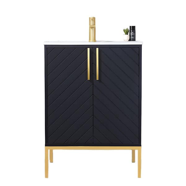 24 in. W Freestanding Bath Vanity in Black with White Ceramic Sink Top, Soft-Close