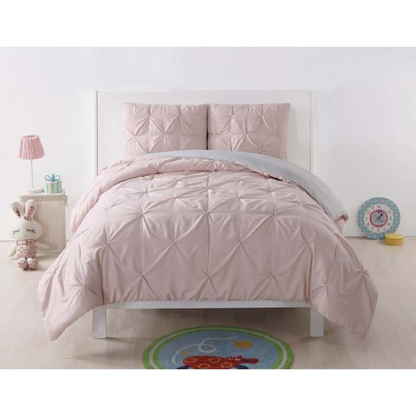 My World Pleated 3-Piece Blush and Silver Grey Duvet Full/Queen Duvet Cover Set