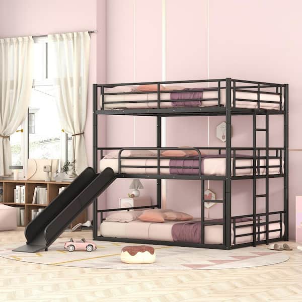 Harper & Bright Designs Black Full Size Metal Bunk Bed with Ladders and Slide, Divided into Platform Bed and Loft Bed