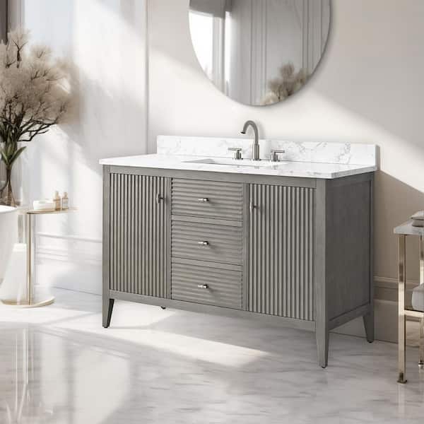 48 in. W x 22 in D x 38 in. H Single Sink Bath Vanity Cabinet in Linear Driftwood Gray with White Engineered Marble Top