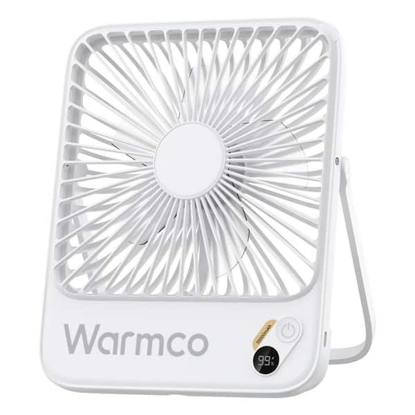 Warmco 5 in. 4-Speeds Desk Fan in White, 10000mAh, Ultra-thin Digital Display Mini Desk Fan for Bedroom, Camping