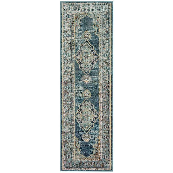 SAFAVIEH Crystal Blue/Yellow 2 ft. x 9 ft. Border Runner Rug