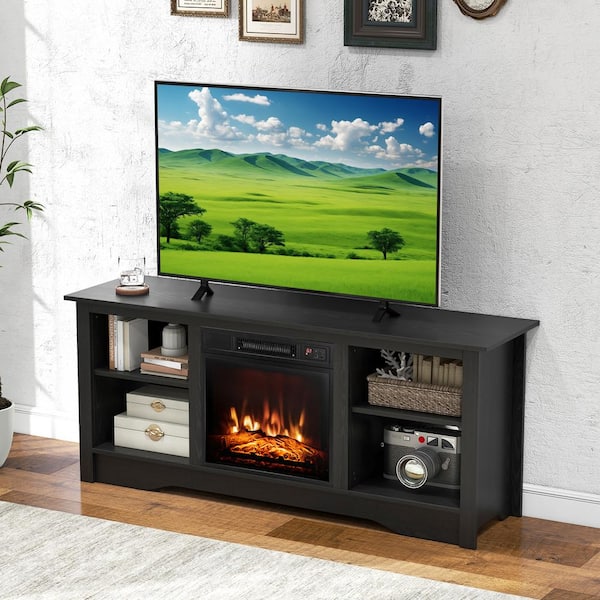 FORCLOVER Black TV Stand Fits TVs up to 65 in. with Adjustable Shelves for 18 in. Electric Fireplace (Not Included)