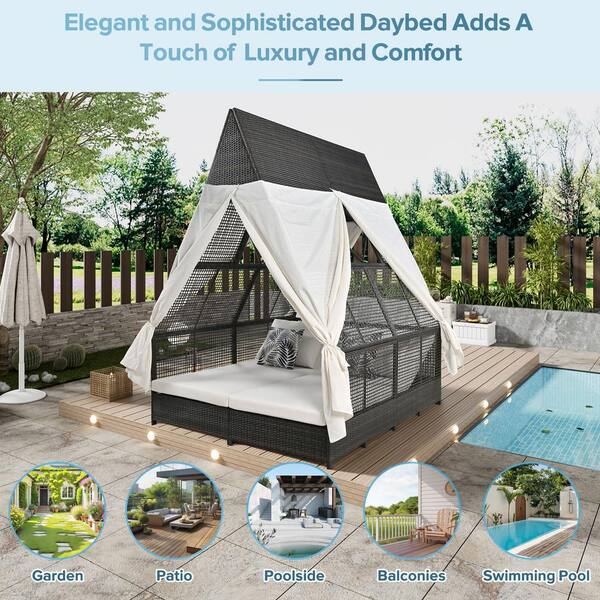 Wicker Outdoor Day Bed with White Cushions Patio Lounge Bed Double Sun Lounger with Curtains Poolside Balcony Beach