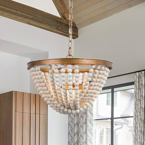 HUOKU Beeuu 3-Light Modern Farmhouse Antique Gold Chandelier Light with White Wooden Beads