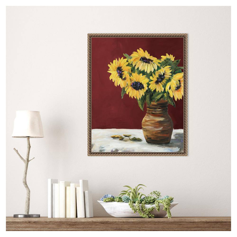 Sunflowers in Maroon Beaded Framed Canvas Wall Art