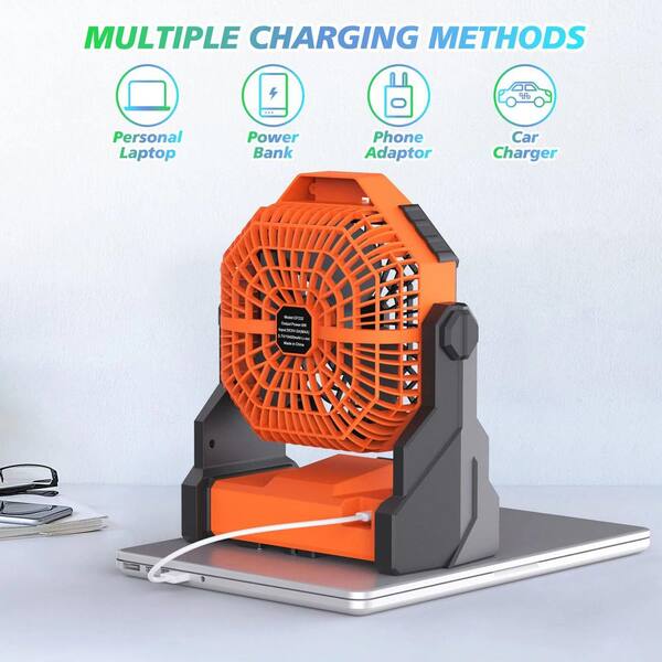 Adrinfly - Camping Fan 10400mAh Portable USB Powered 7 in. 1 fan speeds Desk Fan in Orange with LED Lantern for Camping w/Hook