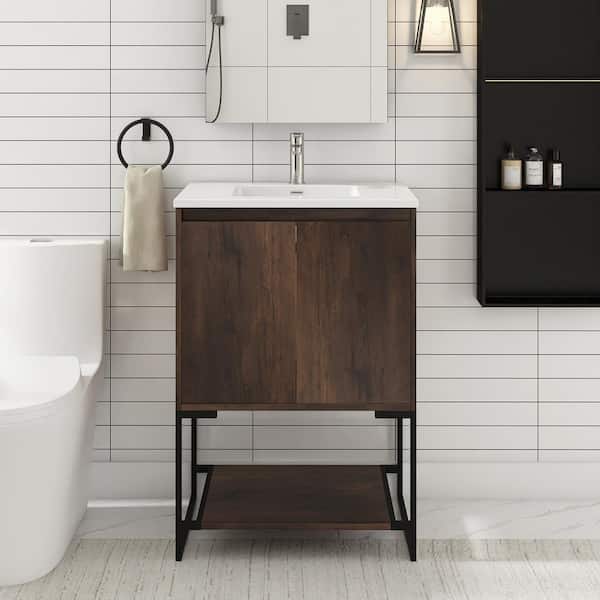 JimsMaison Allen 24 in. W x 19 in. D x 34 in. H Freestanding Bath Vanity in Rose Wood with White Cultured Mable Top