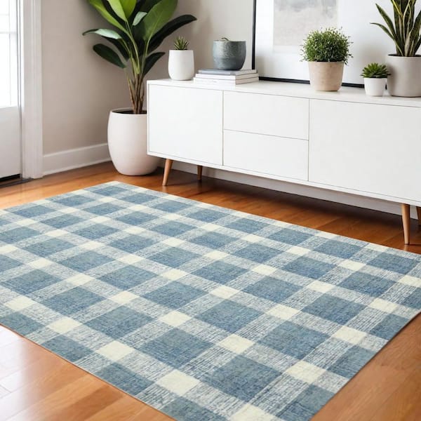 4 ft. x 6 ft. Blue And Ivory Wool Plaid Hand Tufted Area Rug