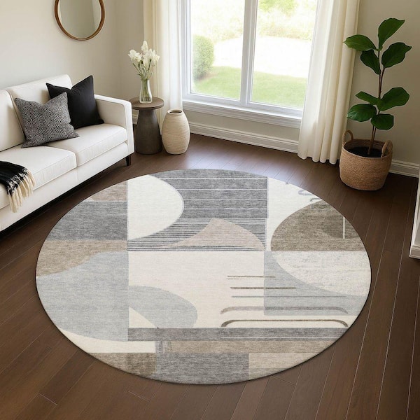 Mayfield Premium Machine Washable Abstract AMF1694 Taupe 8 ft. x 8 ft. Round Rug