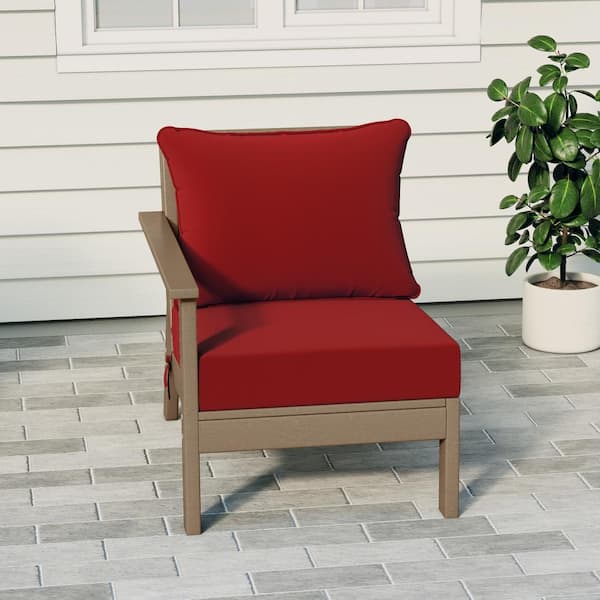 Birchwood Outdoor Patio Deep Seating Left Facing Arm HDPE Lounge Chair in Weathered Wood with Red Cushions