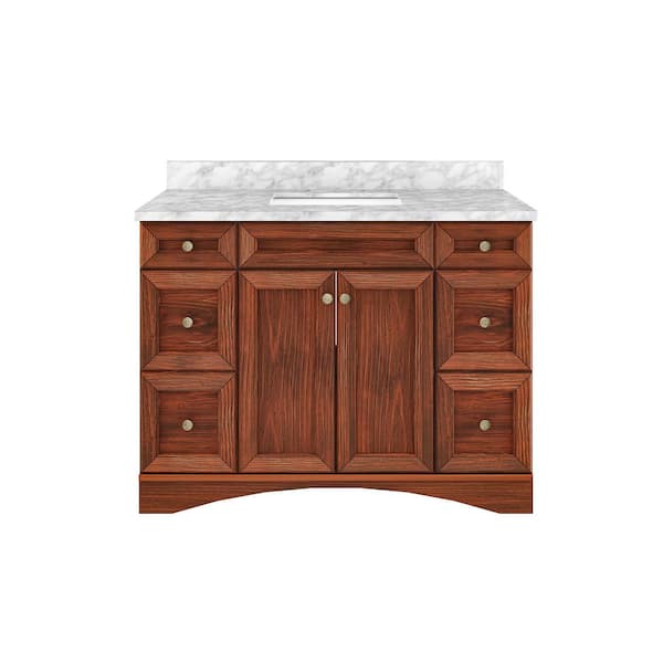 VANITYFUS Solid Fir 48 in. W x 22 in. D x 39.3 in. H Single Sink Freestanding Bath Vanity in Brown with Carrara White Marble Top
