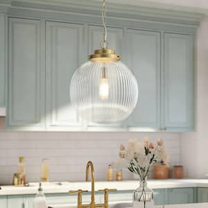 1-Light Modern Industrial Brushed Gold Globe Island Pendant Light with Clear Ribbed Glass Shade