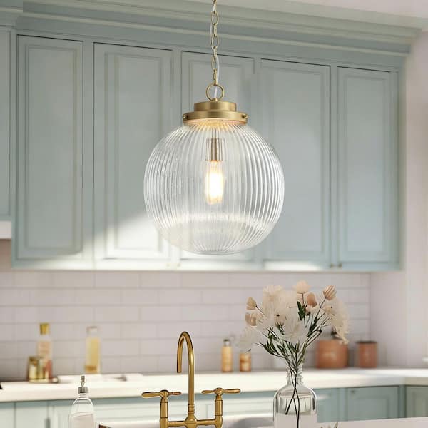 1-Light Modern Industrial Brushed Gold Globe Island Pendant Light with Clear Ribbed Glass Shade