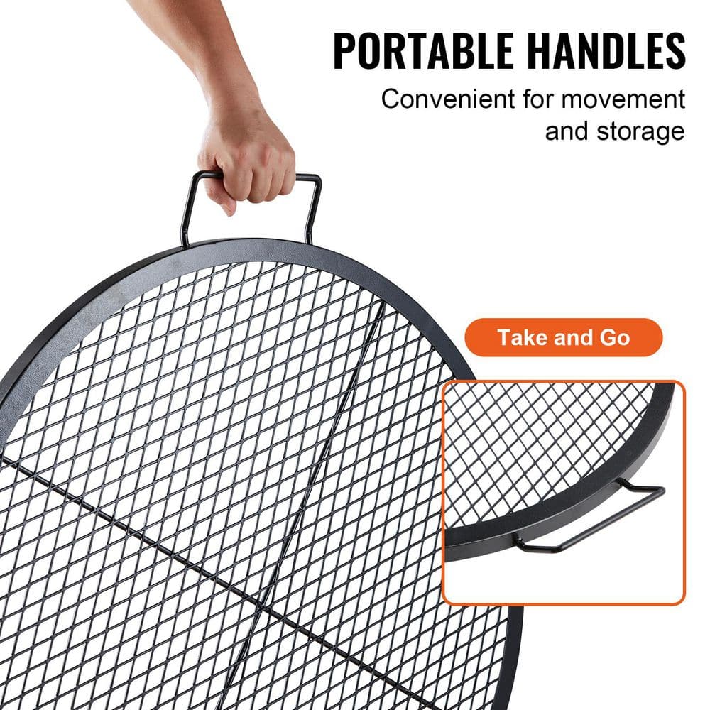 30 in. Fire Pit Grill Grate, Heavy Duty Steel BBQ Cooking Grid, Round Campfire Grate with X Wire and Handle
