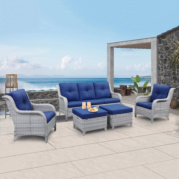 Gymojoy Carolina Light Gray Wicker Outdoor Chaise Lounge Chair with Blue Cushion (2-Pack)