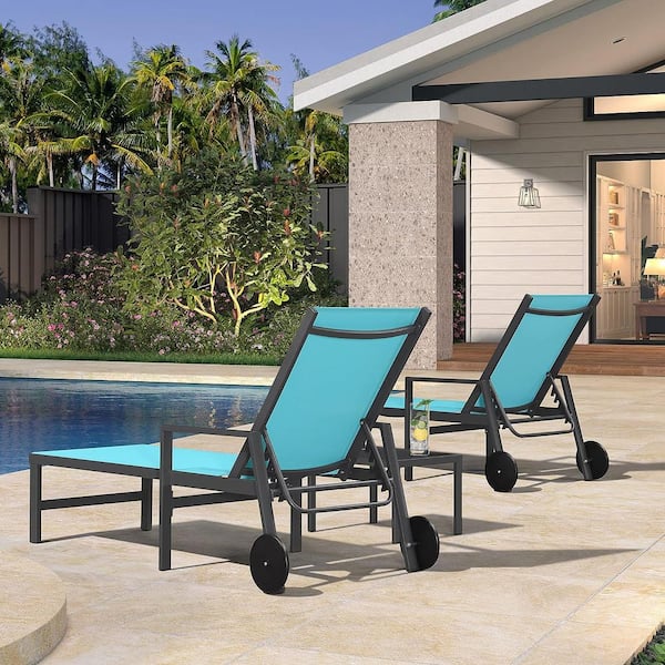 PURPLE LEAF 3-Pieces Aluminum Outdoor Chaise Lounge Chair with Wheels and Armrests Recliner Chair for Pool Backyard Beach, Blue