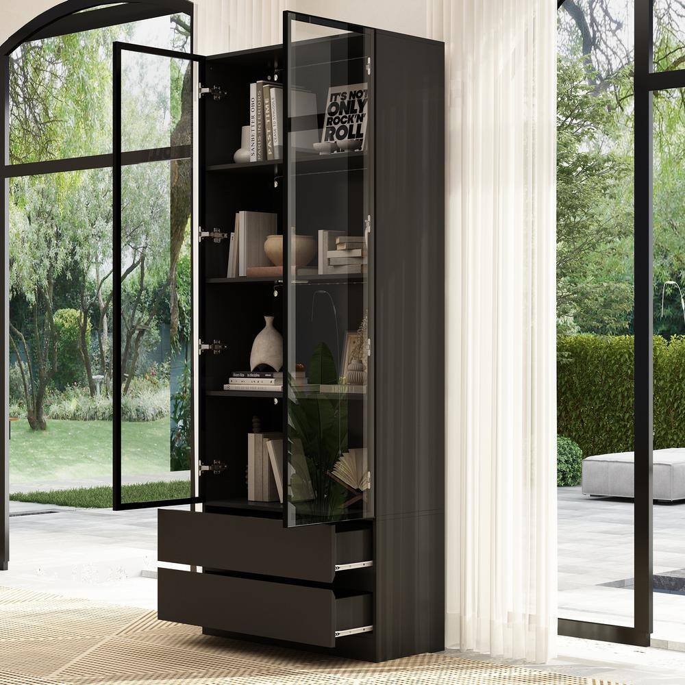 Open black wooden storage cabinet showing interior shelves and drawers.