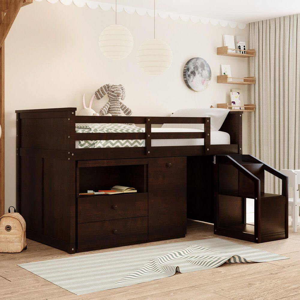 Qualler Espresso Twin Size Loft Bed With Storage Steps and Desk - 1