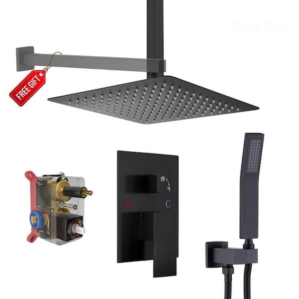 1-Spray 10 in. Wall Mount Dual Shower Head with Ceiling Mount Arm Fixed and Handheld Shower Head 2.5 GPM in Black