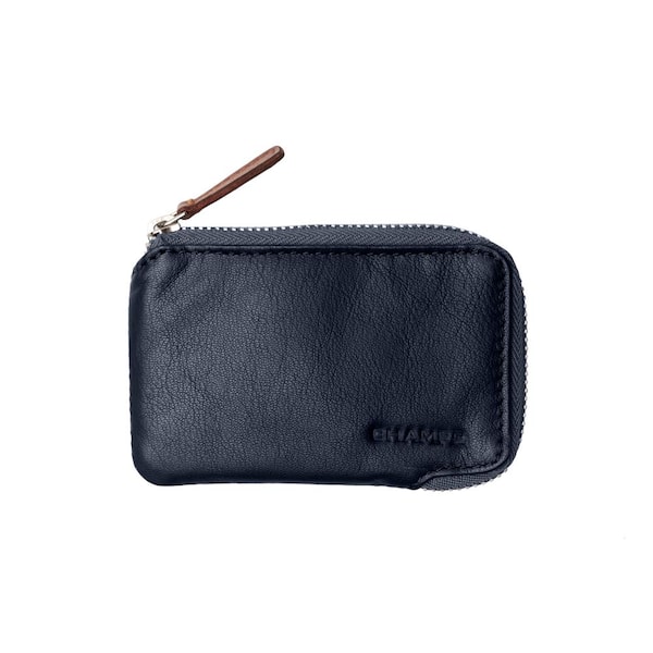 CHAMPS Minimalist Navy Genuine Leather RFID Blocking Zip Case Card Holder in Gift Box