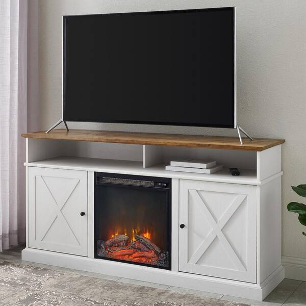 Walker Edison Furniture Company 60 in. Reclaimed Barnwood and Brushed White Wood X Door TV Stand Fits TVs up to 65 in. with Electric Fireplace